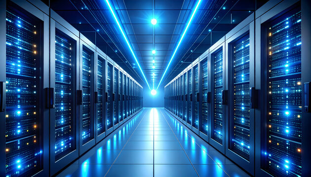 Server Room with Blue Lighting and Rows of Data Racks in a Modern Data Center