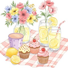 Picnic Scene with Lemonade and Flowers