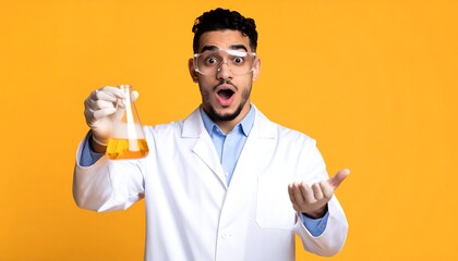 Surprised Scientist Holding Flask With Yellow Liquid On Yellow Background