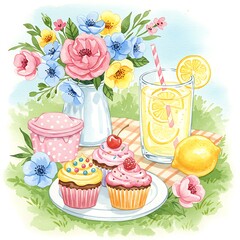Cupcakes and Lemonade Floral Picnic Setup