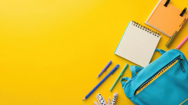 A vibrant overhead shot features school supplies like notebooks, pens, and a backpack, conveying a back-to-school or education theme with a bright yellow background