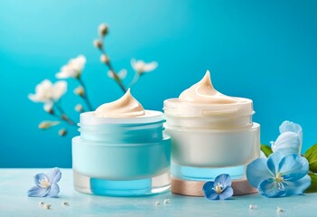 The template is a mock-up of a cosmetic cream jar with blue flowers on a blue background. A skin care product .