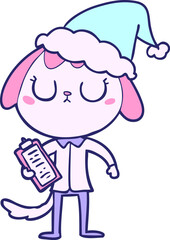 cute hand drawn line drawing of a dog wearing office shirt wearing santa hat in bright neon color