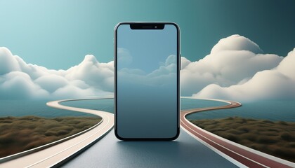 abstract concept of a winding road leading to a large smartphone with blank screen on minimal futuristic background under cloudy sky