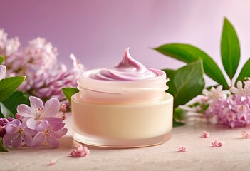 A jar of cream and lilac twigs on a lilac background. Template layout of natural skin care products