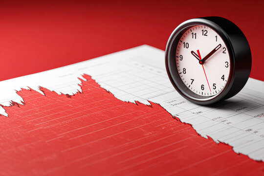 A clock shows time next to a sharply declining red financial chart, symbolizing urgency and economic downturn. - Powered by Adobe