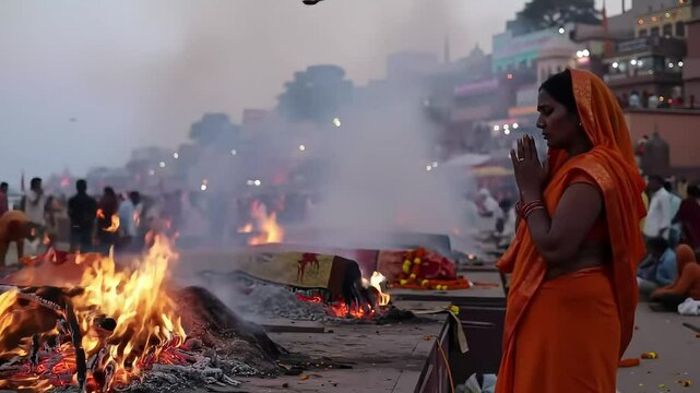 Woman prays, cremation fire, city ghats, India