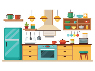 Modern kitchen interior with refrigerator oven cabinets and cooking utensils isolated on white background
