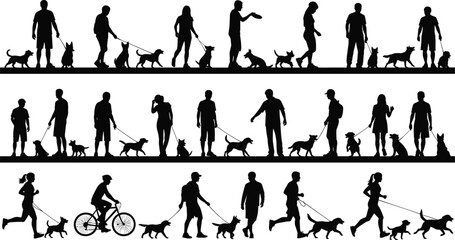 Silhouettes of people walking dogs, jogging, biking, playing, interacting with pets, various poses and activities, vector illustration for outdoor lifestyle