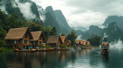 Naklejka premium Wooden huts on a serene lake, nestled amidst misty mountains