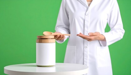 Torso Shot of a Woman Doctor Presenting Blank Pill Bottle with Wooden Cap on White Table