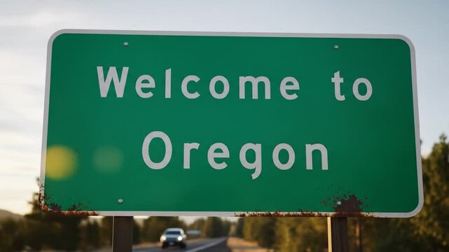Scenic road view capturing a weathered green welcome sign greeting travelers entering oregon state