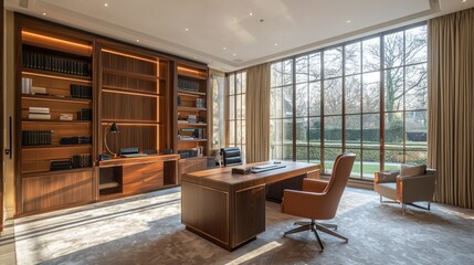Luxurious, sun-drenched home office with extensive built-in cabinetry, a large desk, and expansive windows overlooking a garden
