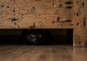 Cat Hiding in the Shadows Under Cabinet