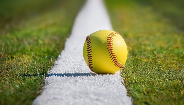 a yellow softball resting on the white field boundary line