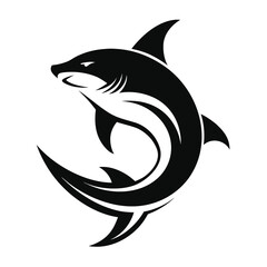 A stylized, minimalist silhouette of a shark in profile, facing left. The shark is depicted in solid black with sharp, clean lines, conveying a sense of power and sleekness. Its dorsal fin is prominen