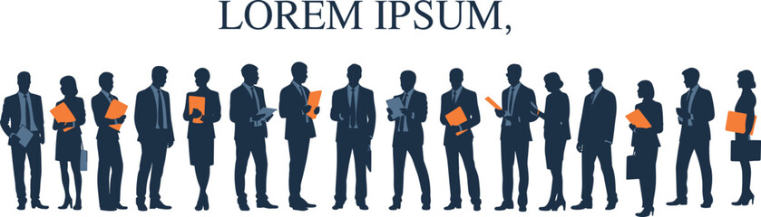 Diverse Business Professionals Silhouettes, Men and Women Holding Documents and Briefcases, Representing Corporate Teamwork, Communication, and Strategy in a Modern Office Setting.