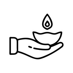Hand Holding a Lit Diya Outline Icon for Diwali, Festivals, and Spiritual Events
