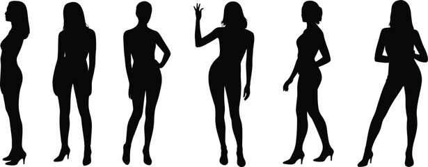 Diverse Female Silhouettes, Featuring Stylish Young Women Standing in Elegant Attire, Showcasing Various Poses, Ideal for Fashion, Beauty, and Modern Lifestyle Designs on White.