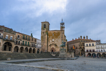 The historic Plaza Mayor of Trujillo Spain, featuring the equestrian statue of Pizarro and the...