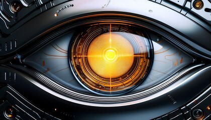 close up of robotic eye with glowing yellow iris inside metallic casing featuring futuristic technology concept and illuminated background light