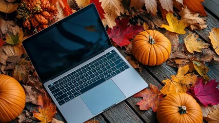 Open laptop with pumpkins and colorful fall leaves on wood table, autumn theme