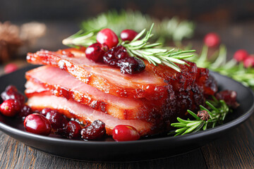 Obraz premium Slices of glazed ham garnished with cranberries and rosemary on a black plate, showcasing a festive and appetizing meal.