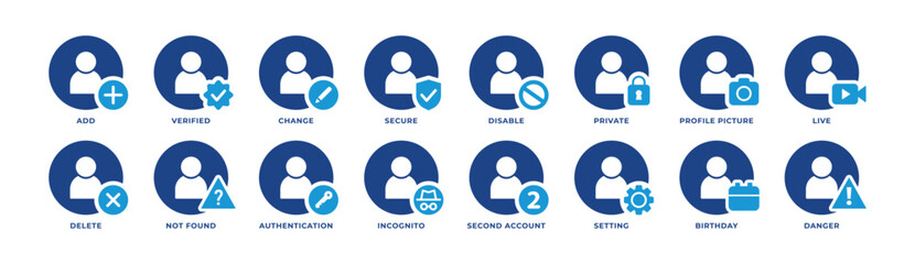 Icon Set of User, Avatar, Add, Verified, Secure, Private, Profile, Account Setting and More. Perfect for presentations, Website and app designs. Icon Blue Style