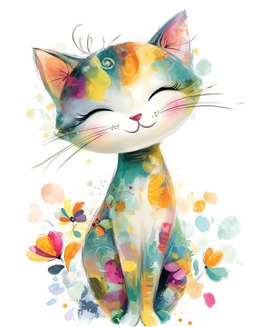 Whimsical Cat Vector, flat vector illustration of a smiling cat with intricate abstract fur patterns in vibrant colors on white background