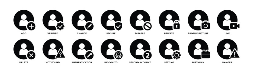 Icon Set of User, Avatar, Add, Verified, Secure, Private, Profile, Account Setting and More. Perfect for presentations, Website and app designs. Icon Glyph Style