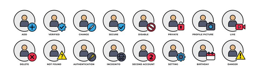 Icon Set of User, Avatar, Add, Verified, Secure, Private, Profile, Account Setting and More. Perfect for presentations, Website and app designs. Icon Line Color 