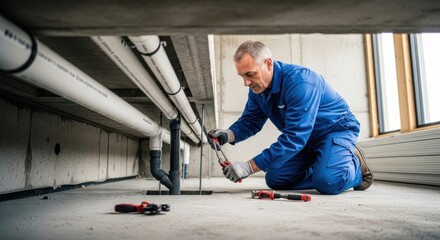 A man in a blue jumpsuit kneeling under a concrete floor, working on a pipe with a wrench.