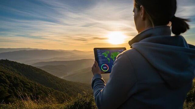 Woman using tablet with world map data at sunset on mountain peak