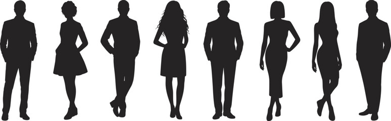 Professional Business People Silhouettes, Elegant Men and Women Standing in Diverse Poses, Ideal for Corporate, Finance, and Modern Office Design Projects on White Background.