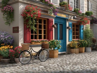 Charming french cafe, colorful floral facade, quaint cobblestone street, vintage bicycle charm.