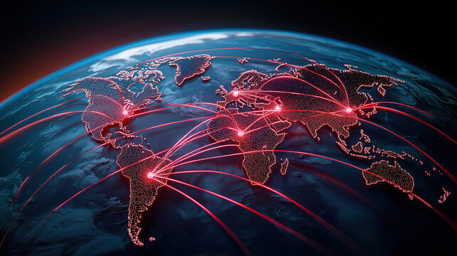 Visual representation of global industries interconnected through digital networks, showcasing vibrant red lines connecting various continents. This evokes sense of technological advancement - Powered by Adobe