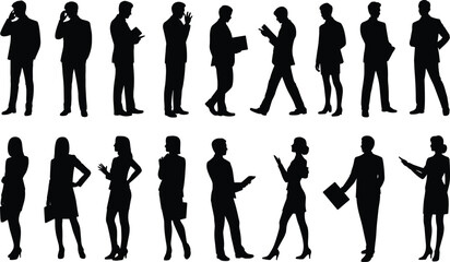 Professional Business People Silhouettes, Diverse Men and Women Working, Standing, Walking, and Interacting, Corporate Team, Communication, Modern Office Environment, Vector Set.