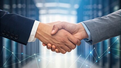 Handshake symbolizing partnership in a business environment, with data visualization elements in the background.