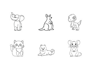 Cute elephant, Kangaroo, Dinosaur, Cat, Dog, Mouse Animal line icons. Pixel perfect. Editable stroke