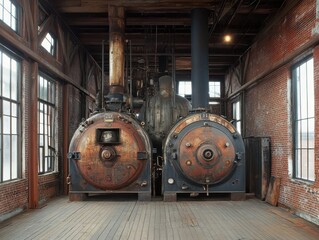 Rustic industrial boiler, vintage steam engine, aged factory machinery, historic workshop.