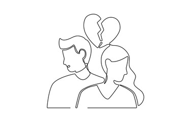 Self drawing animation of single line draw broken heart carried by man woman. Divorce heartache, Divorce heartache concept. Family conflict. Break up relationship.