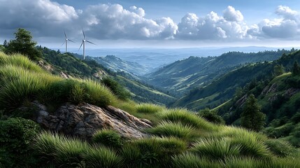 Renewable Energy in Nature's Embrace: Panoramic view of serene wind turbines stand gracefully atop a rolling green hillside, harmonizing with the undulating terrain. Clouds.