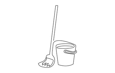 Continuous one line drawing of mop and bucket. Cleaning concept, Single line draw design vector graphic illustration, Mop and bucket continuous line art drawing. Cleaning service concept, Cleaning to.