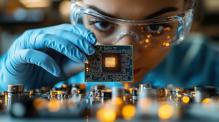 Focused technician examines a circuit board