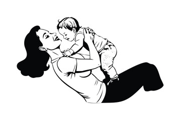 Mother and Baby in Pop Art Comic Style. Retro Vector Illustration with Affectionate Pose