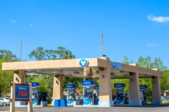 Santa Fe, NM, USA - May 17, 2025: Valero Gas Station on the Outskirts of Downtown Santa Fe