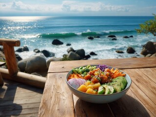 Vibrant coastal meal, colorful poke bowl, serene ocean view, sunny seaside dining, fresh ingredients.