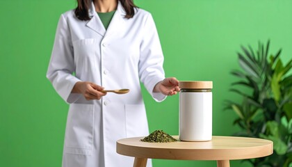 Woman in White Lab Coat Holding Spoon Next to White Jar and Green Beans in Studio