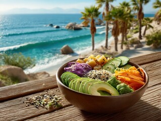 Vibrant seaside poke bowl, colorful tropical meal, serene ocean view, sunny beach dining.