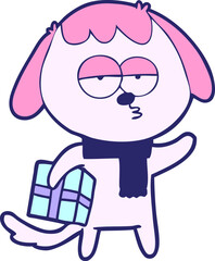 cartoon bored dog with christmas present in bright neon color